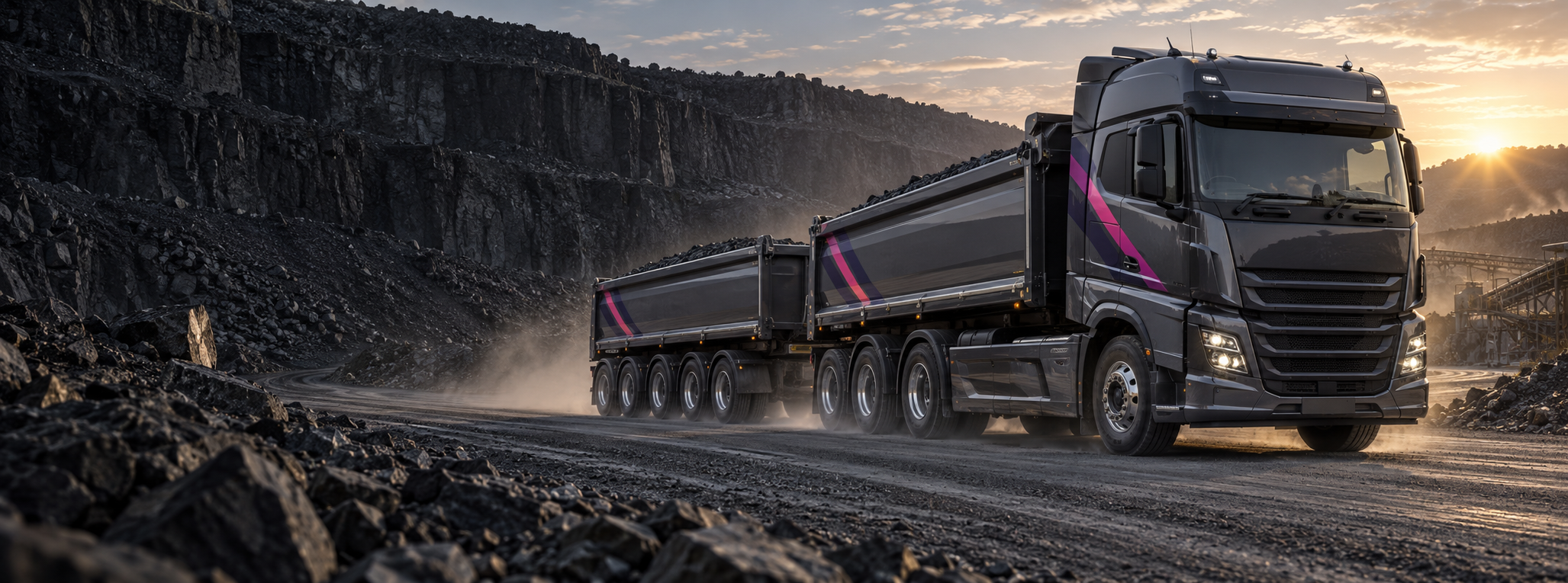 Truck and quad tipper combination travelling through a quarry